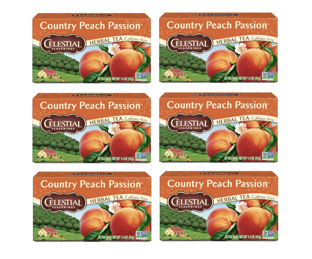 country peach passion tea from celestial seasonings, pantone peach fuzz